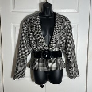 Vintage Alfred Sung Jacket Women‎ 8 Wool 80s Black White Gingham Belted Blazer